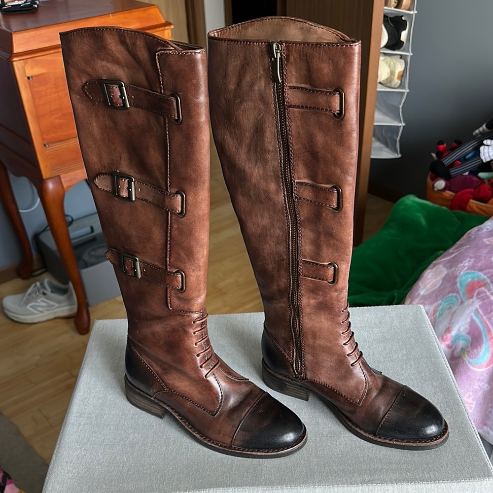 Brown Leather Knee-High Boots with Buckle Detail